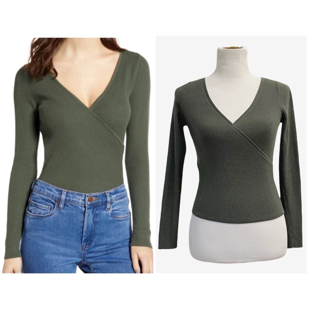 Olive Green V-Neck Ribbed Wrap Sweater | Leith, XS